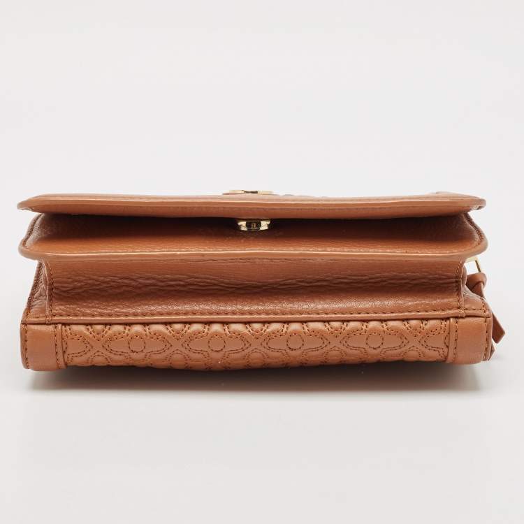 Pre Owned Tory Burch Brown Floral Quilted Leather Bryant Crossbody Bag