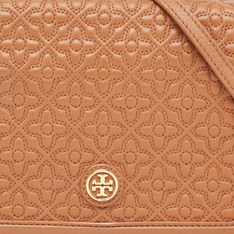 Pre Owned Tory Burch Brown Floral Quilted Leather Bryant Crossbody Bag