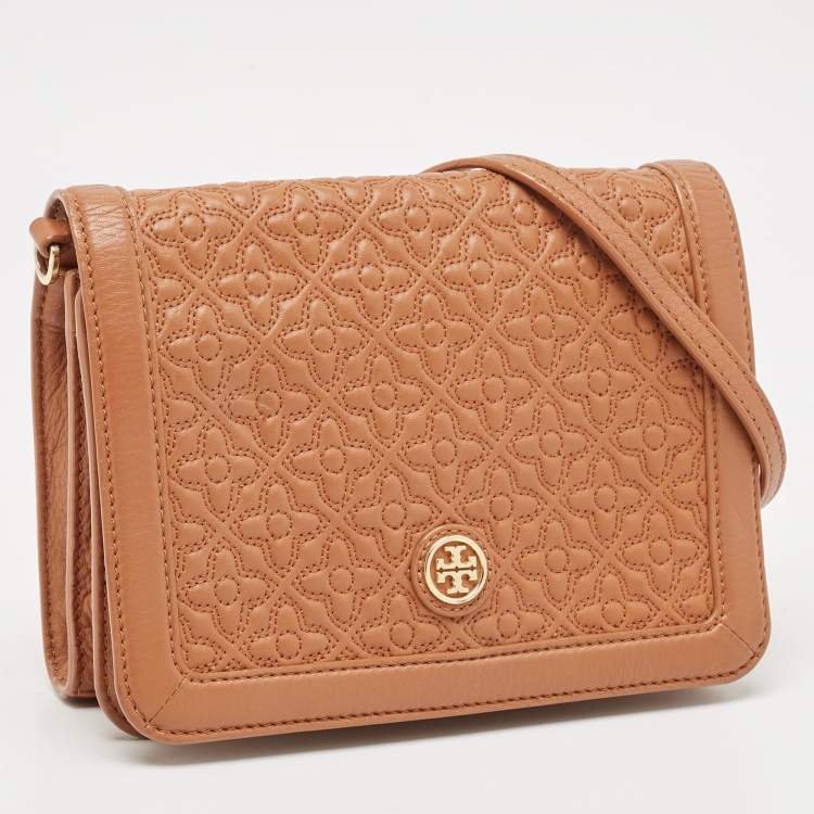 Pre Owned Tory Burch Brown Floral Quilted Leather Bryant Crossbody Bag