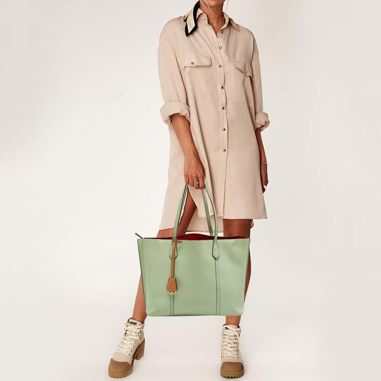 Pre Owned Tory Burch Green/Brown Leather Perry Shopper Tote