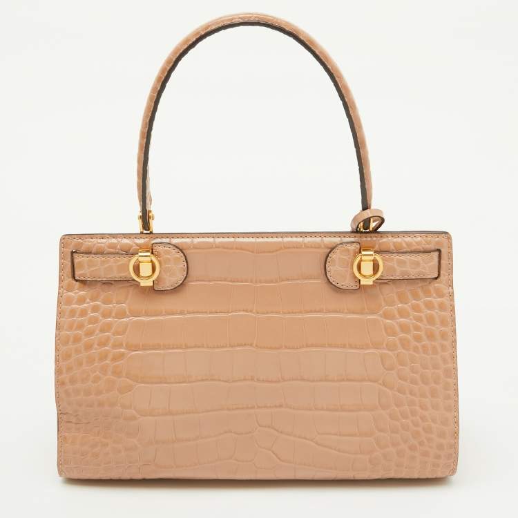 Pre Owned Tory Burch Beige Croc Embossed Leather Small Lee Radziwill Top Handle Bag