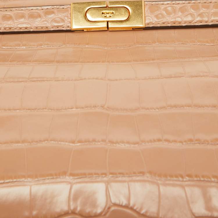 Pre Owned Tory Burch Beige Croc Embossed Leather Small Lee Radziwill Top Handle Bag