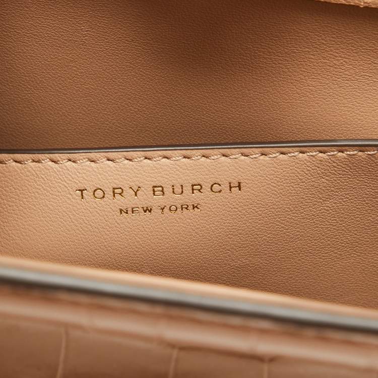 Pre Owned Tory Burch Beige Croc Embossed Leather Small Lee Radziwill Top Handle Bag