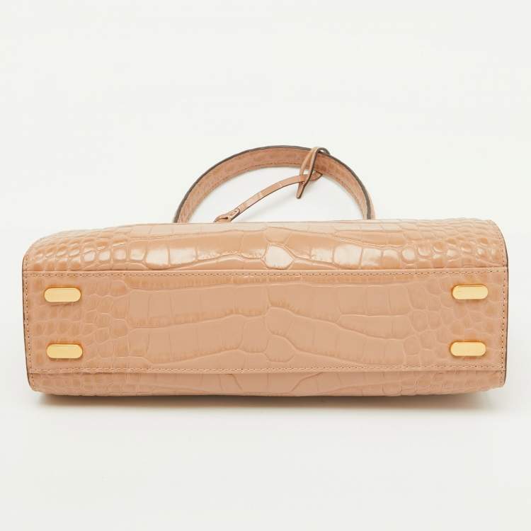 Pre Owned Tory Burch Beige Croc Embossed Leather Small Lee Radziwill Top Handle Bag