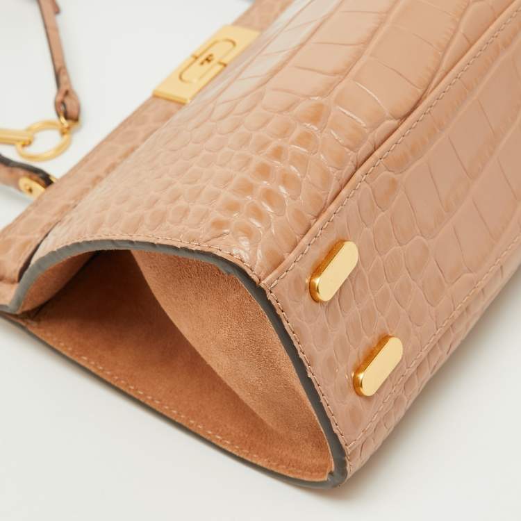 Pre Owned Tory Burch Beige Croc Embossed Leather Small Lee Radziwill Top Handle Bag