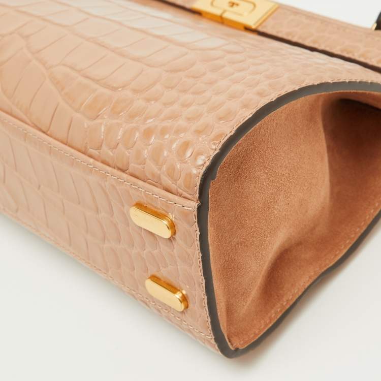 Pre Owned Tory Burch Beige Croc Embossed Leather Small Lee Radziwill Top Handle Bag