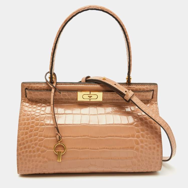 Pre Owned Tory Burch Beige Croc Embossed Leather Small Lee Radziwill Top Handle Bag