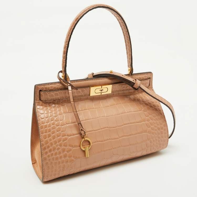 Pre Owned Tory Burch Beige Croc Embossed Leather Small Lee Radziwill Top Handle Bag