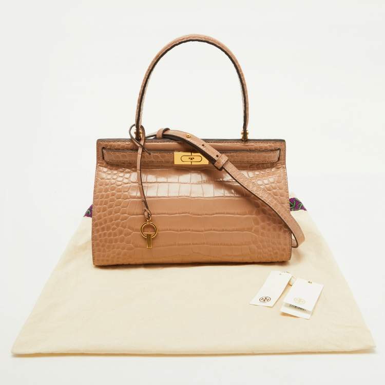 Pre Owned Tory Burch Beige Croc Embossed Leather Small Lee Radziwill Top Handle Bag