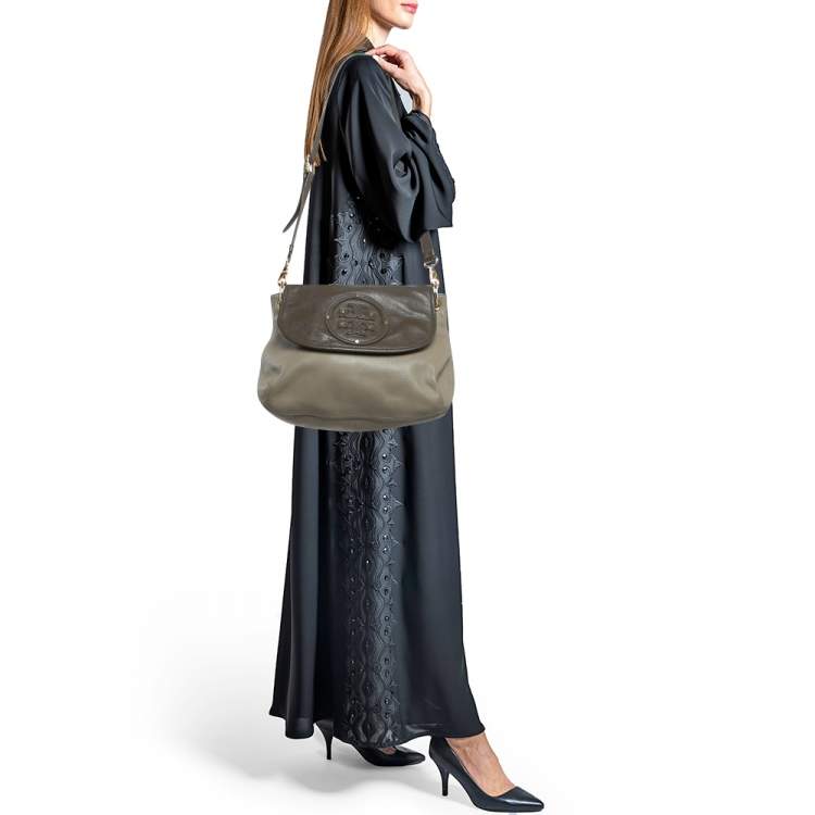 Pre Owned Tory Burch Grey/Brown Leather Maisley Flap Hobo