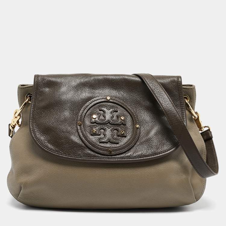 Pre Owned Tory Burch Grey/Brown Leather Maisley Flap Hobo