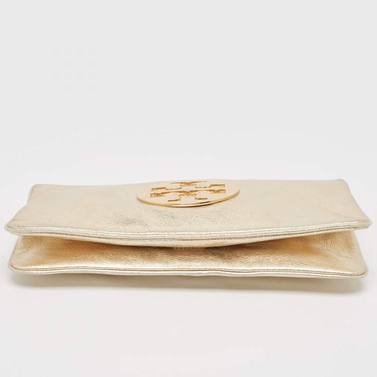 Pre Owned Tory Burch Gold Leather Reva Chain Clutch