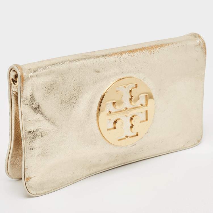 Pre Owned Tory Burch Gold Leather Reva Chain Clutch