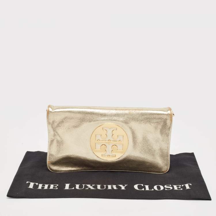 Pre Owned Tory Burch Gold Leather Reva Chain Clutch