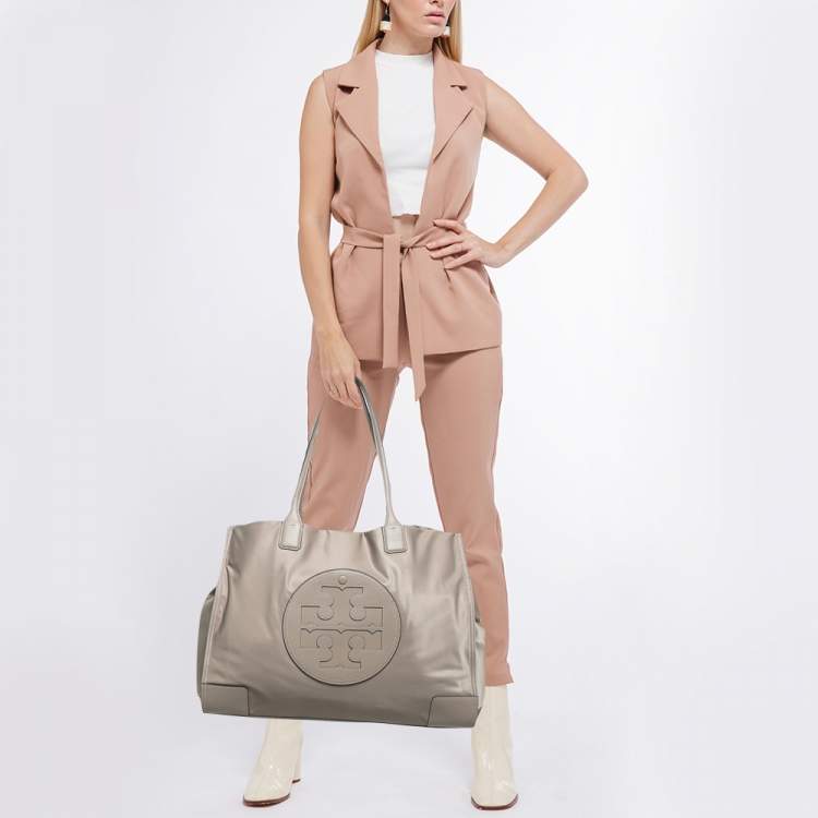 Pre Owned Tory Burch Beige Nylon and Leather Large Ella Tote