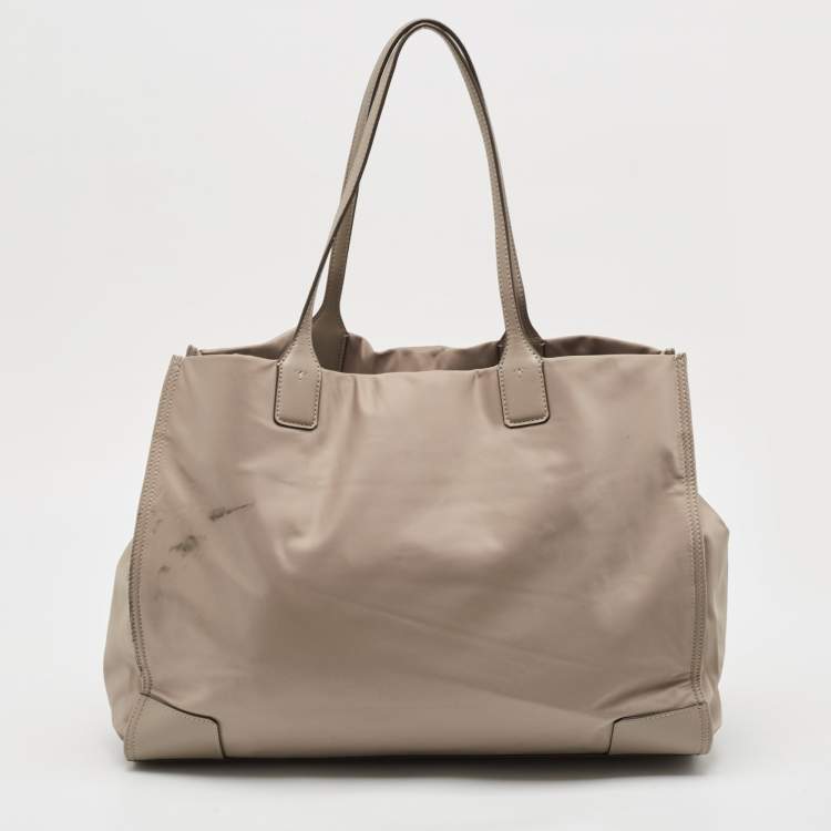 Pre Owned Tory Burch Beige Nylon and Leather Large Ella Tote