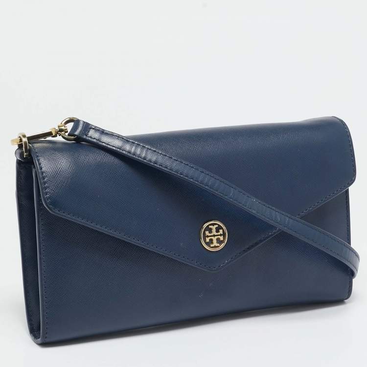 Pre Owned Tory Burch Navy Blue Leather Robinson Envelope Crossbody Bag