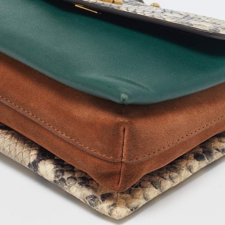 Pre Owned Tory Burch Multicolor Suede, Python Embossed and Leather Kira Flap Crossbody Bag