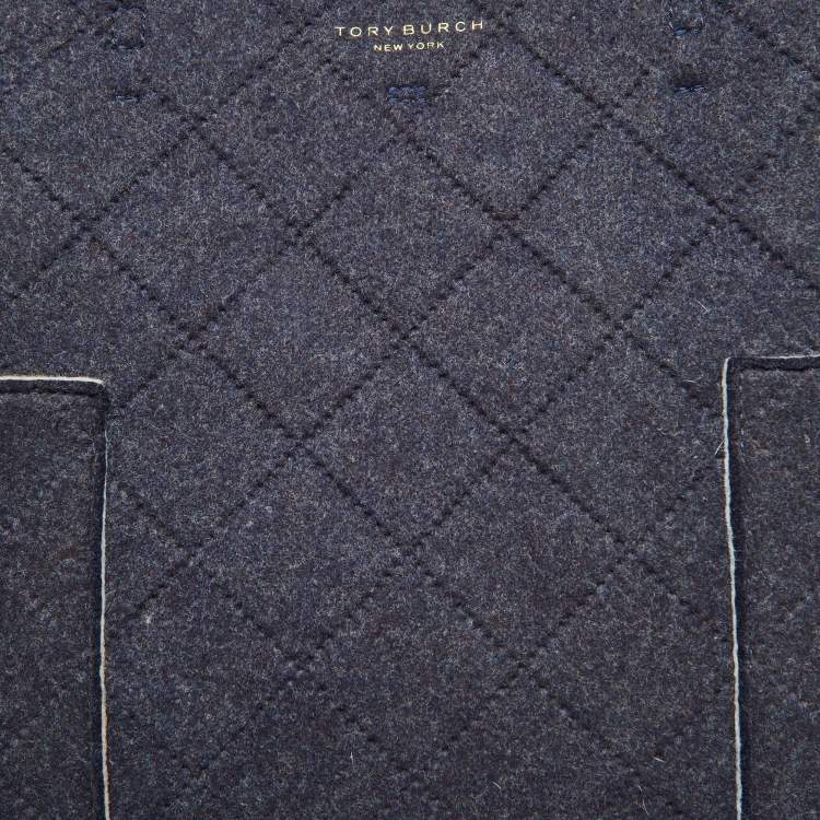 Pre Owned Tory Burch Navy Blue Felt Fabric and Patent Leather Block-T Shopper Tote