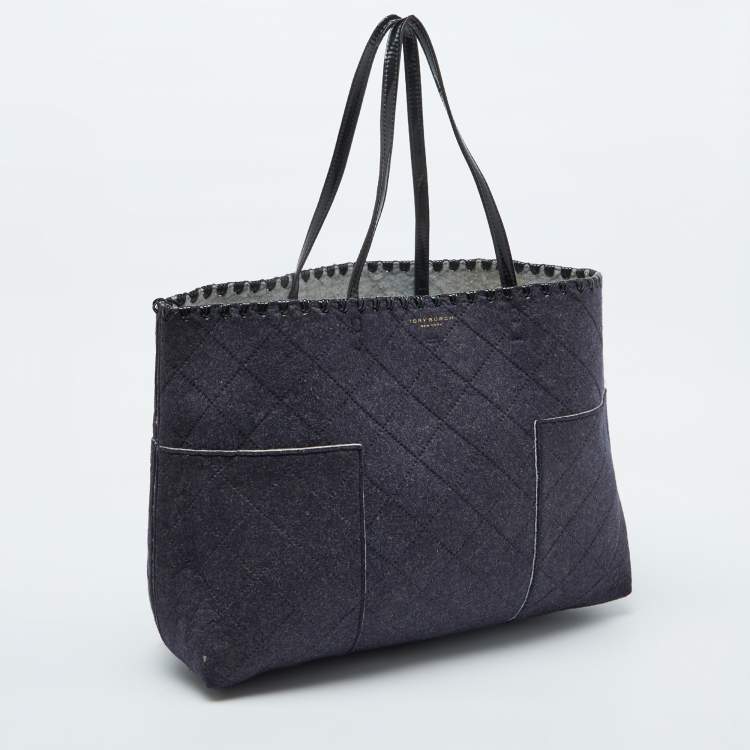 Pre Owned Tory Burch Navy Blue Felt Fabric and Patent Leather Block-T Shopper Tote