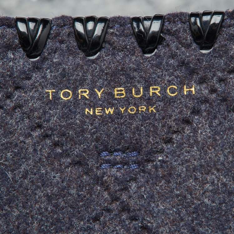 Pre Owned Tory Burch Navy Blue Felt Fabric and Patent Leather Block-T Shopper Tote