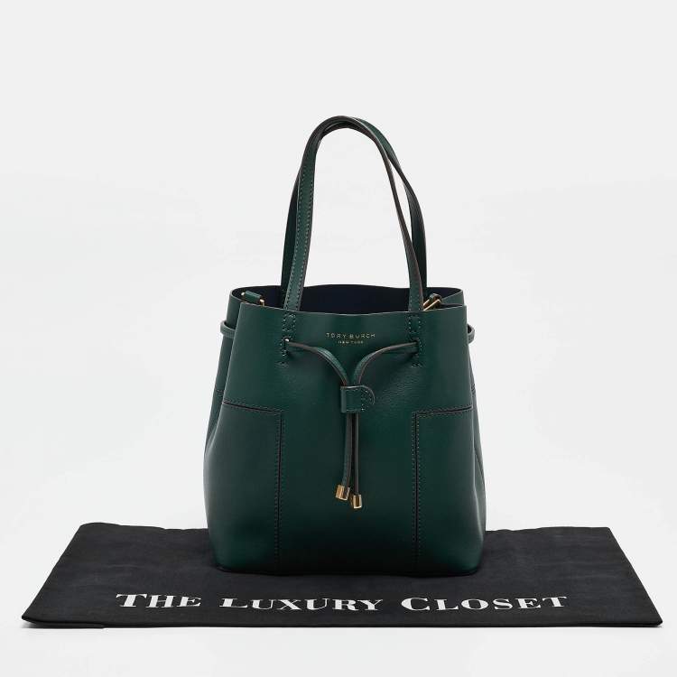 Pre Owned Tory Burch Green Leather Small Block T Bucket Bag