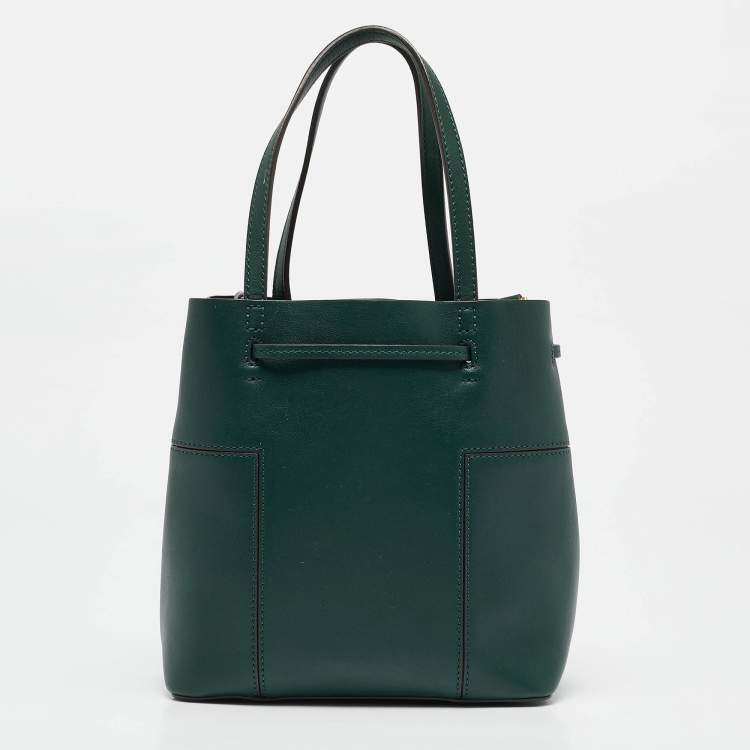 Pre Owned Tory Burch Green Leather Small Block T Bucket Bag