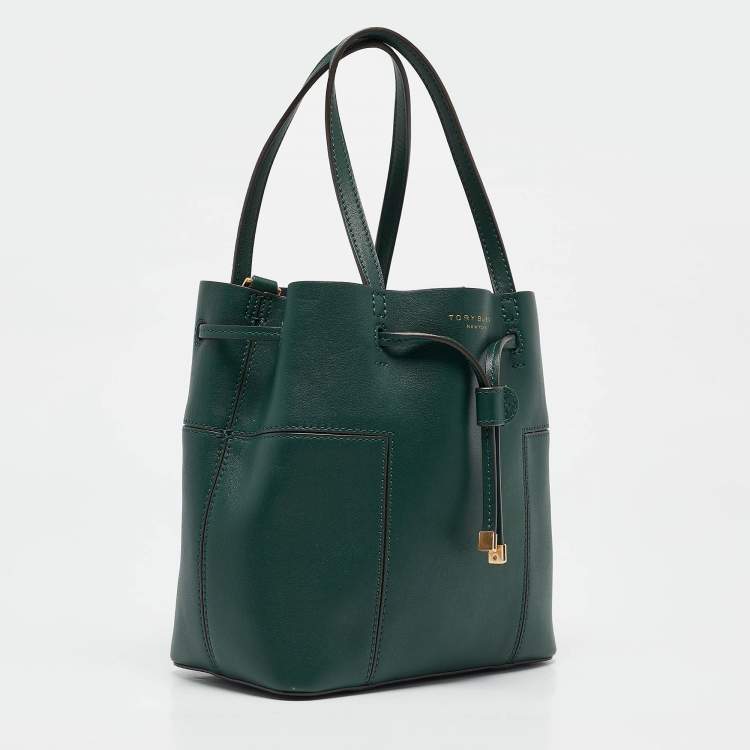 Pre Owned Tory Burch Green Leather Small Block T Bucket Bag