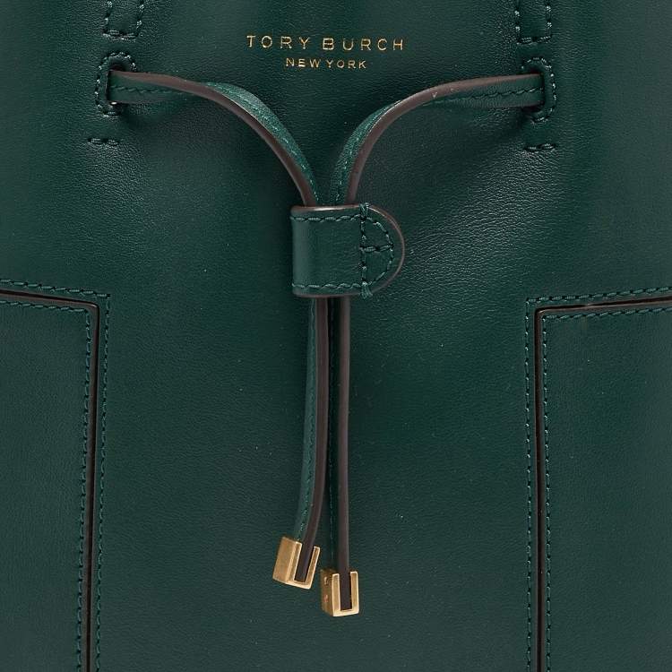Pre Owned Tory Burch Green Leather Small Block T Bucket Bag