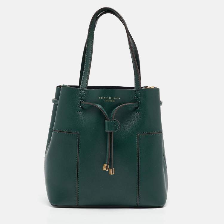 Pre Owned Tory Burch Green Leather Small Block T Bucket Bag
