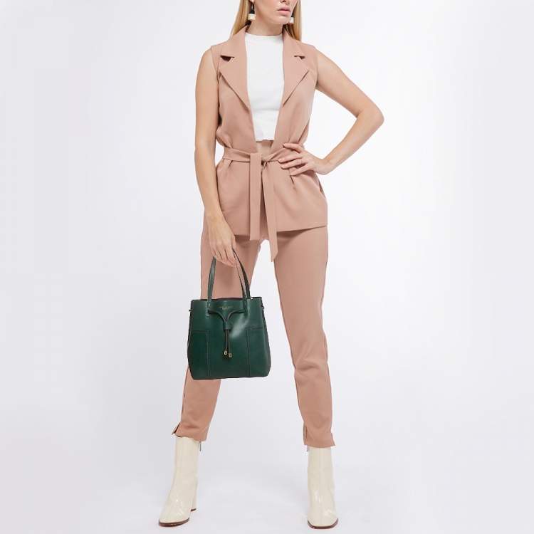 Pre Owned Tory Burch Green Leather Small Block T Bucket Bag