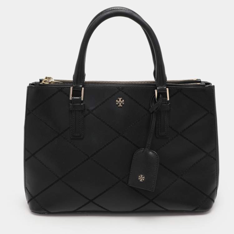 Pre Owned Tory Burch Black Wild Stitch Leather Robinson Double Zip Tote