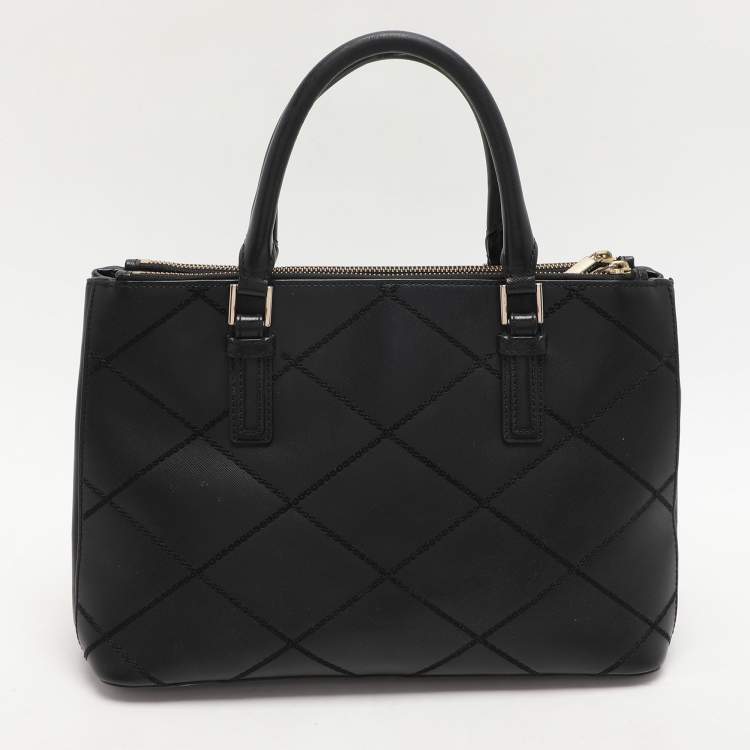 Pre Owned Tory Burch Black Wild Stitch Leather Robinson Double Zip Tote