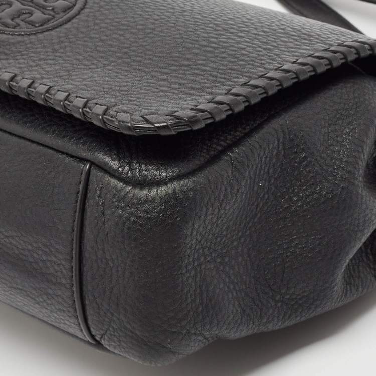 Pre Owned Tory Burch Black Braided Leather Marion Flap Shoulder Bag