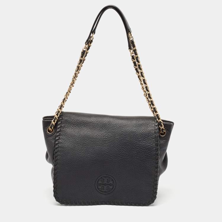 Pre Owned Tory Burch Black Braided Leather Marion Flap Shoulder Bag