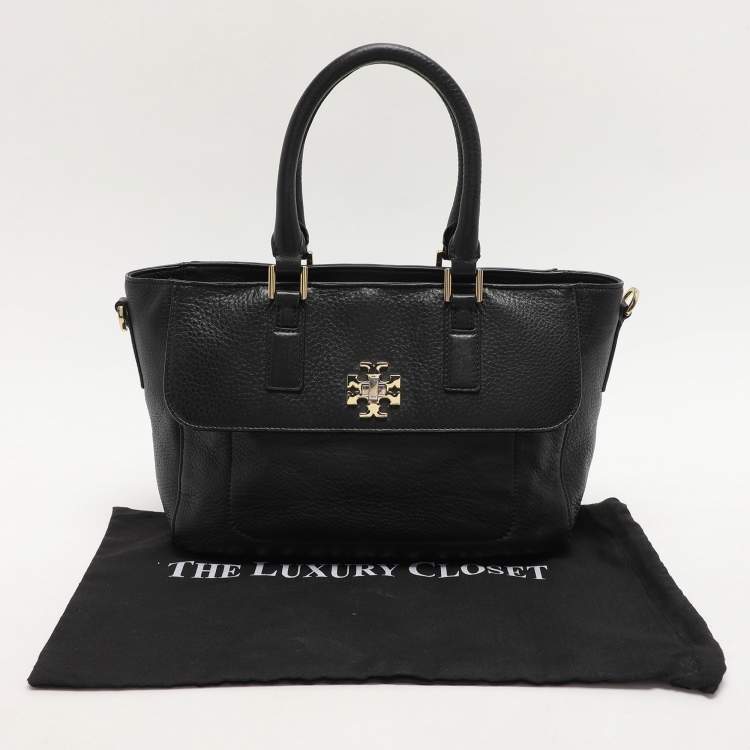 Pre Owned Tory Black Grained Leather Turnlock Flap Tote
