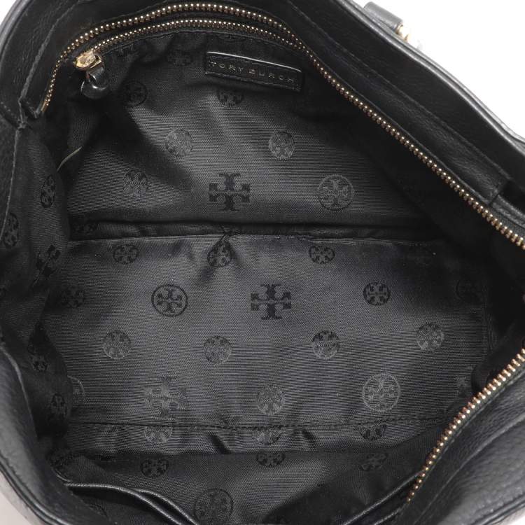 Pre Owned Tory Black Grained Leather Turnlock Flap Tote