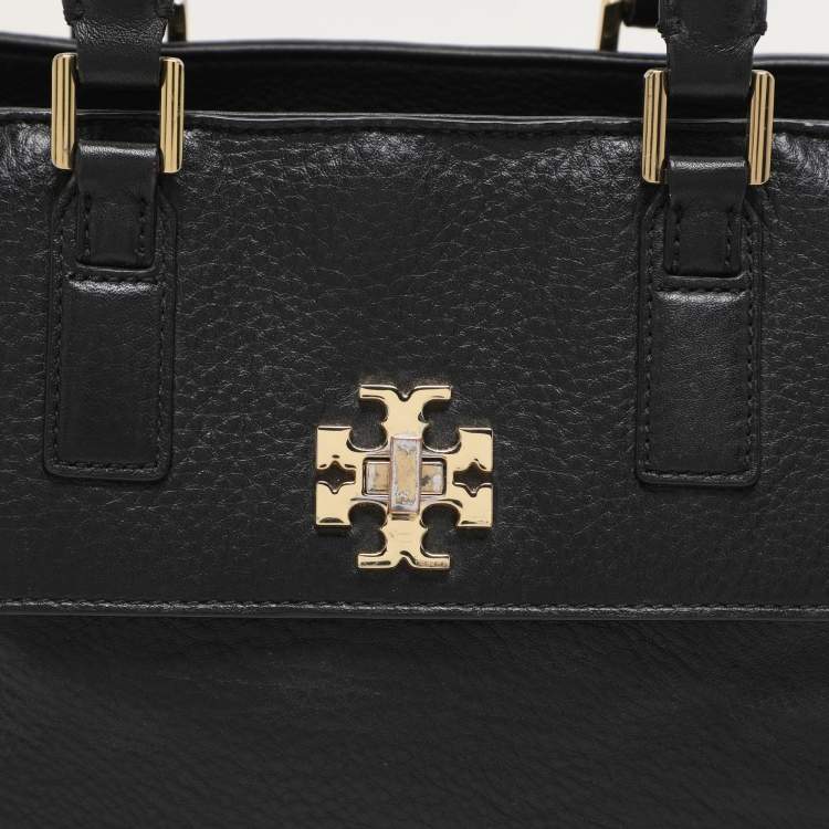 Pre Owned Tory Black Grained Leather Turnlock Flap Tote
