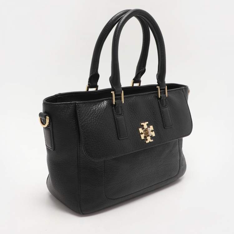 Pre Owned Tory Black Grained Leather Turnlock Flap Tote