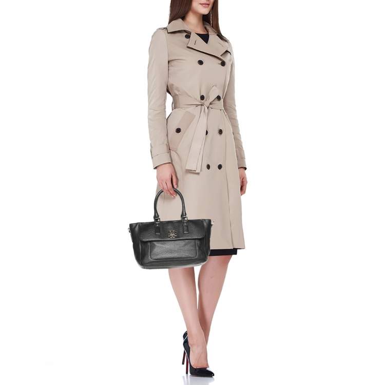 Pre Owned Tory Black Grained Leather Turnlock Flap Tote