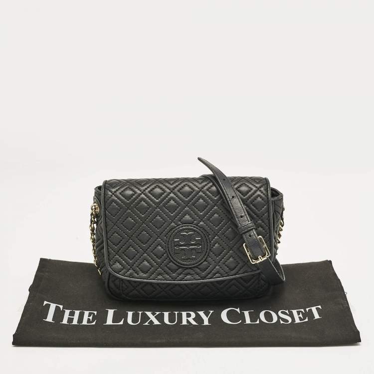 Pre Owned Tory Burch Black Quilted Leather Marion Crossbody Bag