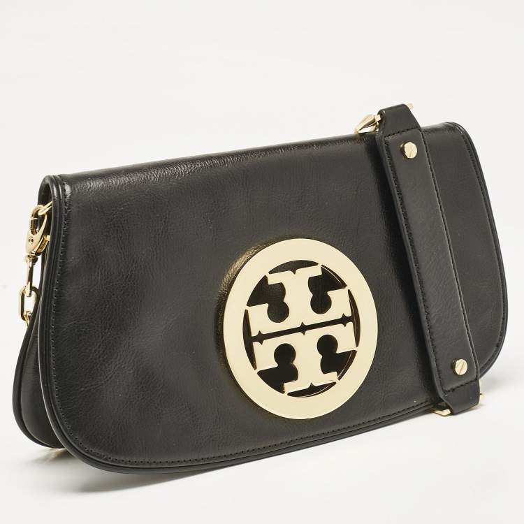 Pre Owned Tory Burch Black Leather Reva Logo Crossbody Bag