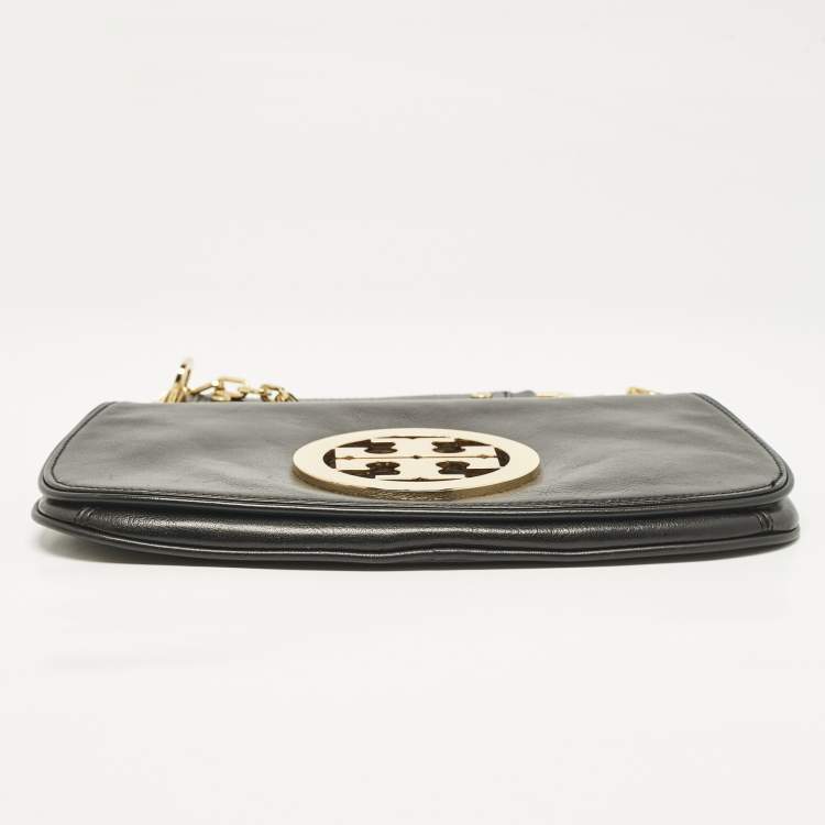 Pre Owned Tory Burch Black Leather Reva Logo Crossbody Bag