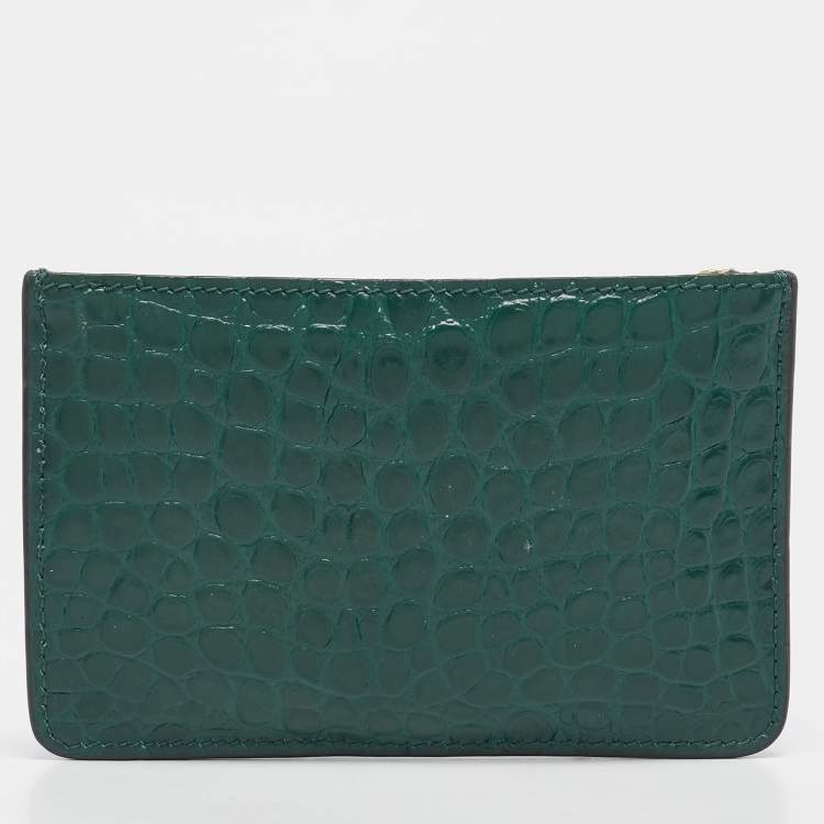 Pre Owned Tory Burch Green Croc Embossed Leather Robinson Zip Card Case