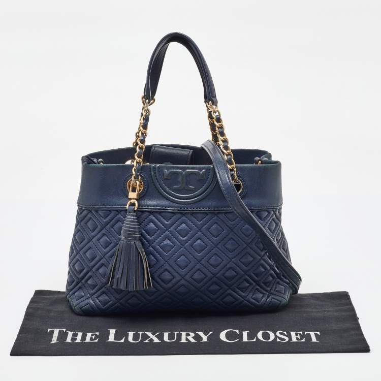 Pre Owned Tory Burch Navy Blue Quilted Leather Small Fleming Tote