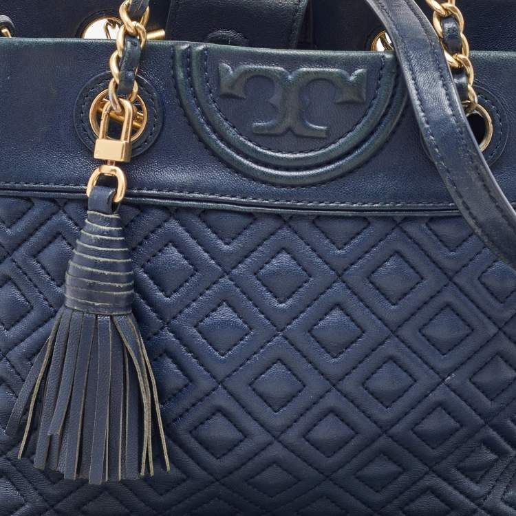 Pre Owned Tory Burch Navy Blue Quilted Leather Small Fleming Tote