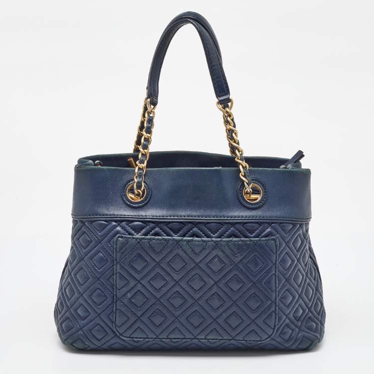 Pre Owned Tory Burch Navy Blue Quilted Leather Small Fleming Tote