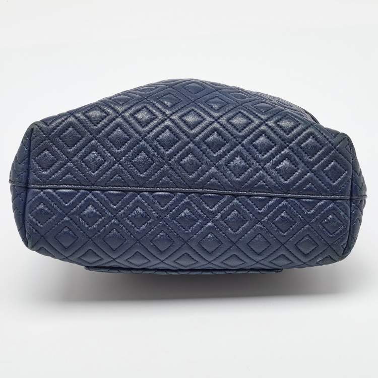 Pre Owned Tory Burch Navy Blue Quilted Leather Small Fleming Tote