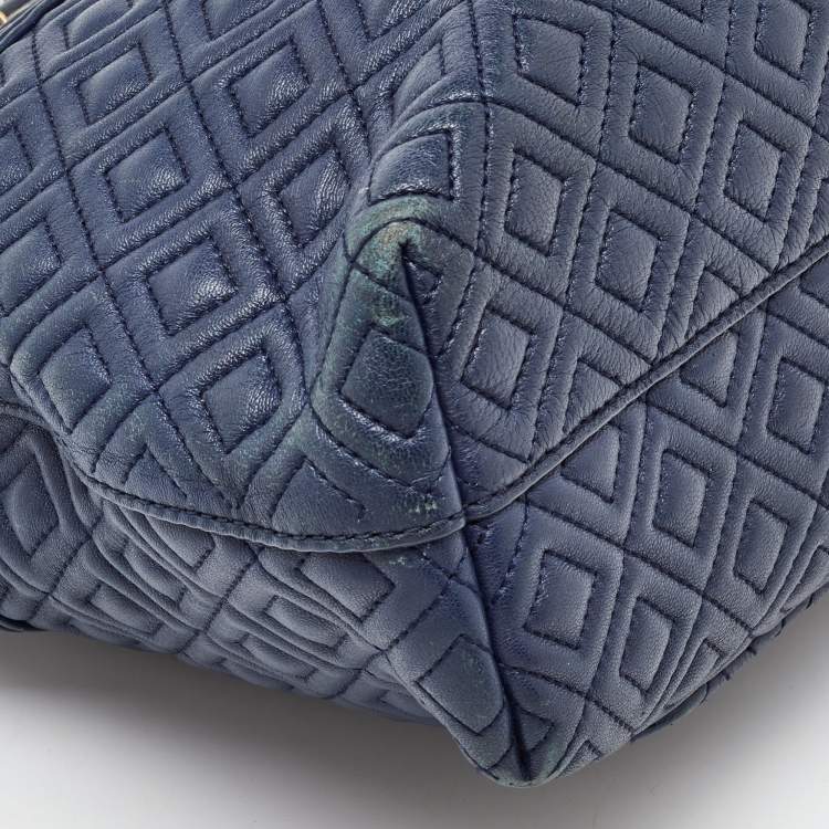Pre Owned Tory Burch Navy Blue Quilted Leather Small Fleming Tote