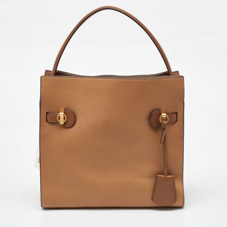 Pre Owned Tory Burch Beige Leather Lee Radziwill Double Bag